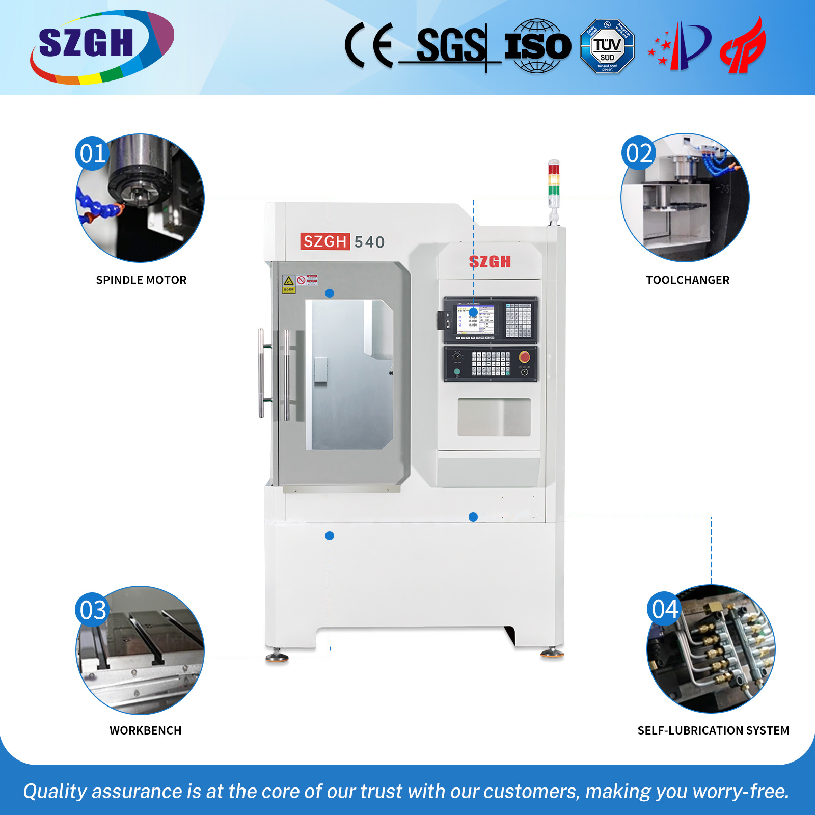 The CNC milling machine suitable for 8-station processing of copper, iron, aluminum and stainless steel workpiece within 500mmX400mm, and stainless steel parts processing within 8mm tapping and 10mm drilling.