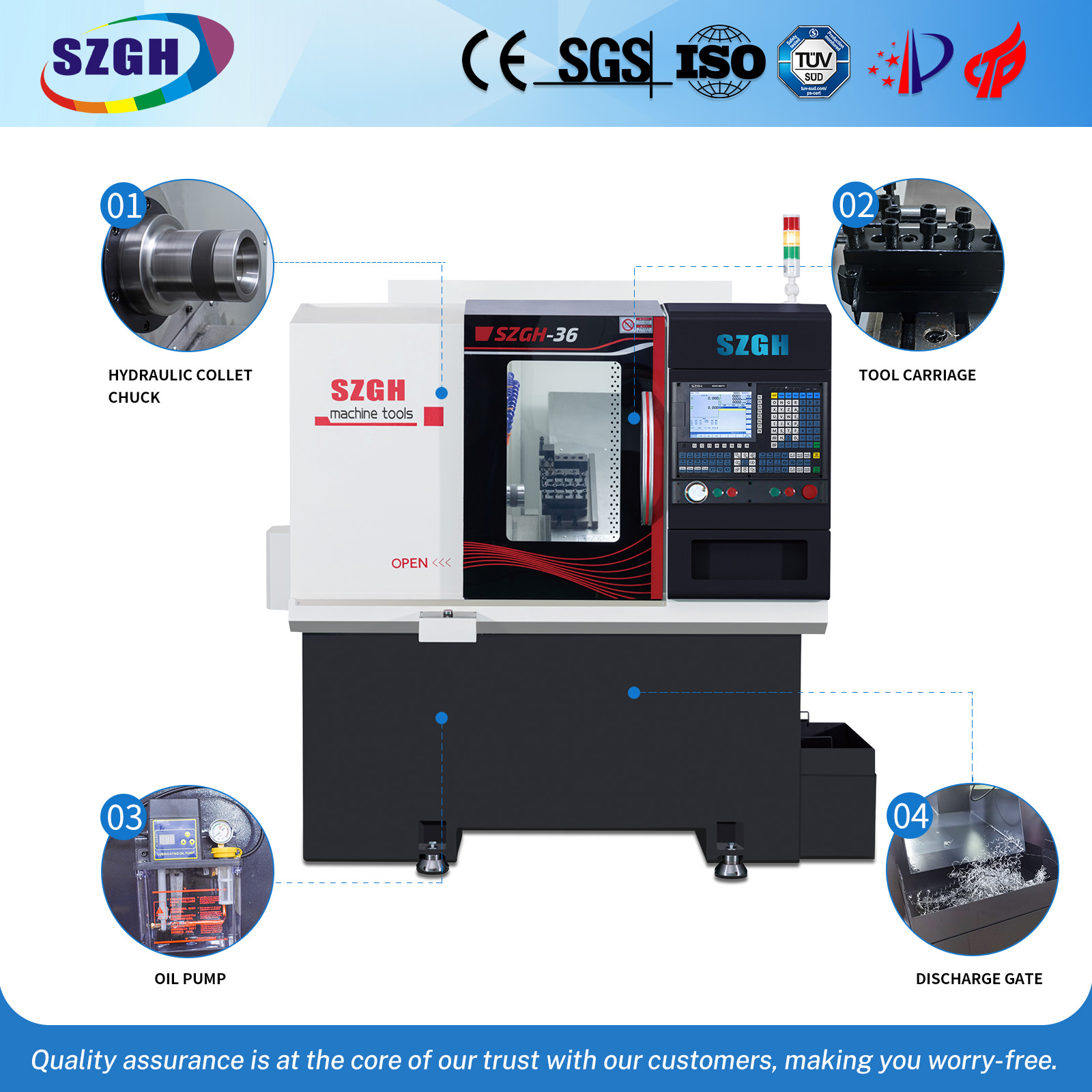 El CNC SZGH 36J es adecuado para la producción en lotes de barras de cobre, hierro, aluminio y acero inoxidable de hasta 35 mm, y para la producción en lotes de piezas forjadas de tipo abierto con alimentación automática de pellets de hasta 50 mm.